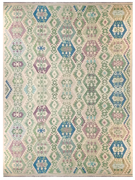 24023 - Kelim Hand-Woven/Flat-Weaved Afghan Kelim/Carpet Modren/Nomadic Authentic/Size: 13'1"x 9'9"