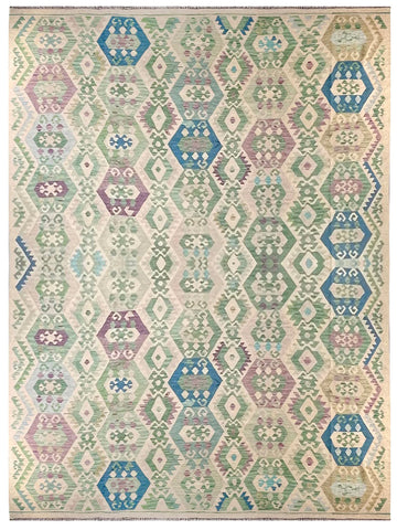 24023 - Kelim Hand-Woven/Flat-Weaved Afghan Kelim/Carpet Modren/Nomadic Authentic/Size: 13'1"x 9'9"