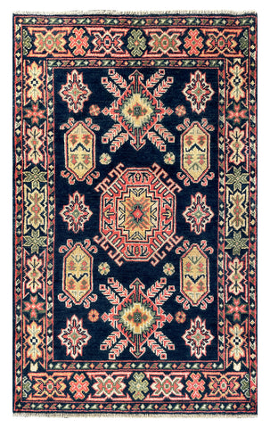 27017-Kazak Hand-Knotted/Handmade Afghan Rug/Carpet Tribal/Nomadic Authentic/ Size: 4'3" x 2'6"