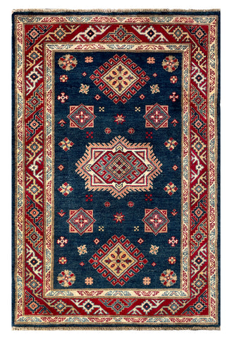 26995-Kazak Hand-Knotted/Handmade Afghan Rug/Carpet Tribal/Nomadic Authentic/ Size: 4'8" x 3'2"