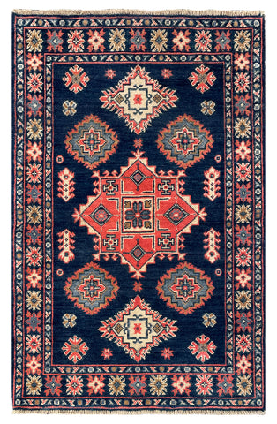 27018-Kazak Hand-Knotted/Handmade Afghan Rug/Carpet Tribal/Nomadic Authentic/ Size: 4'0" x 2'5"