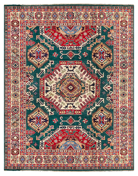 26929-Kazak Hand-Knotted/Handmade Afghan Rug/Carpet Tribal/Nomadic Authentic/ Size: 10'4" x 8'1"