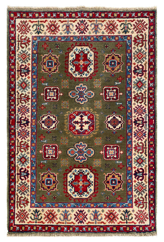 27020-Kazak Hand-Knotted/Handmade Afghan Rug/Carpet Tribal/Nomadic Authentic/ Size: 3'9" x 2'6"