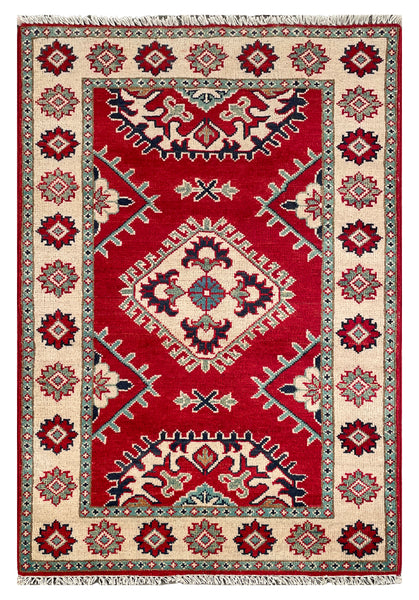 27019-Kazak Hand-Knotted/Handmade Afghan Rug/Carpet Tribal/Nomadic Authentic/ Size: 3'8" x 2'6"