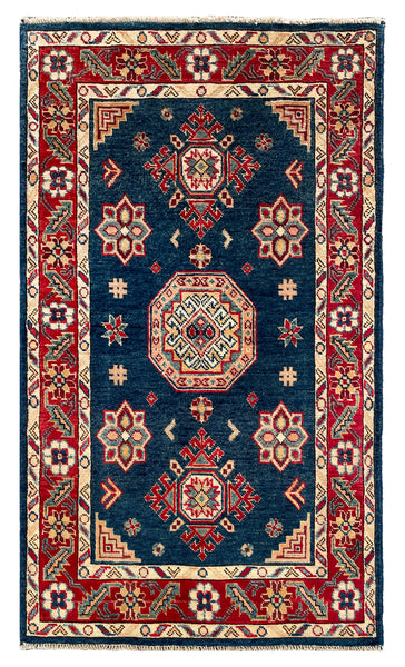 26994-Kazak Hand-Knotted/Handmade Afghan Rug/Carpet Tribal/Nomadic Authentic/ Size: 4'7" x 2'8"